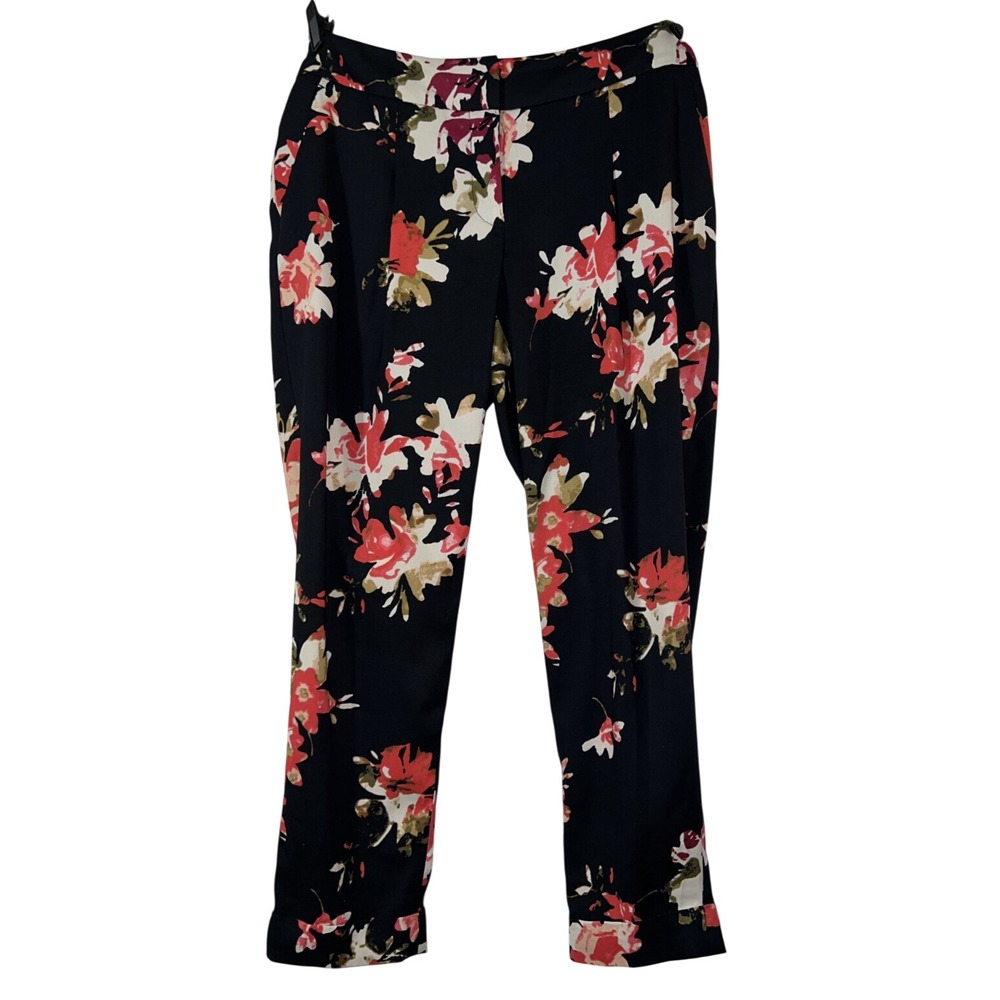 Floral Print Ankle Trousers Black Red Pink Pleated Tapered Dress Pants Size 6P